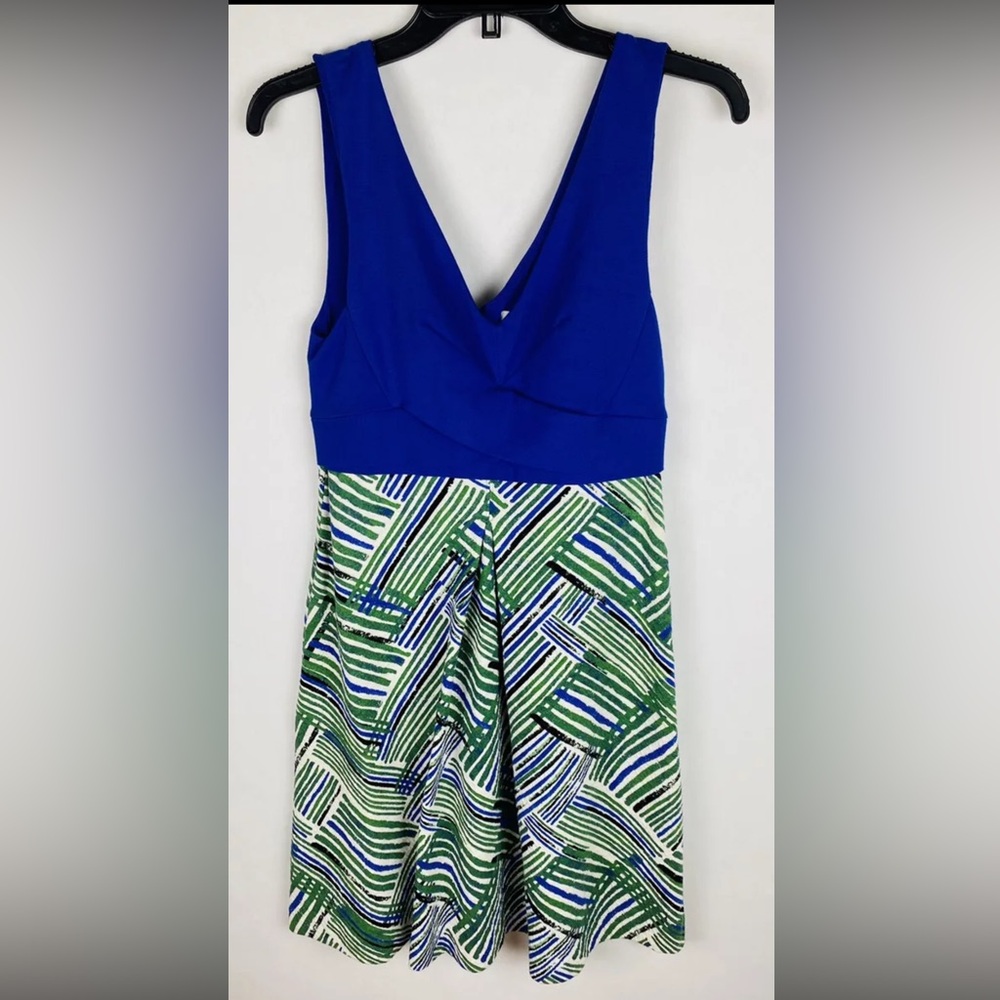 HD In Paris Womens Dress 6 Blue Green Striped A Line Sleeveless V Neck Stretch